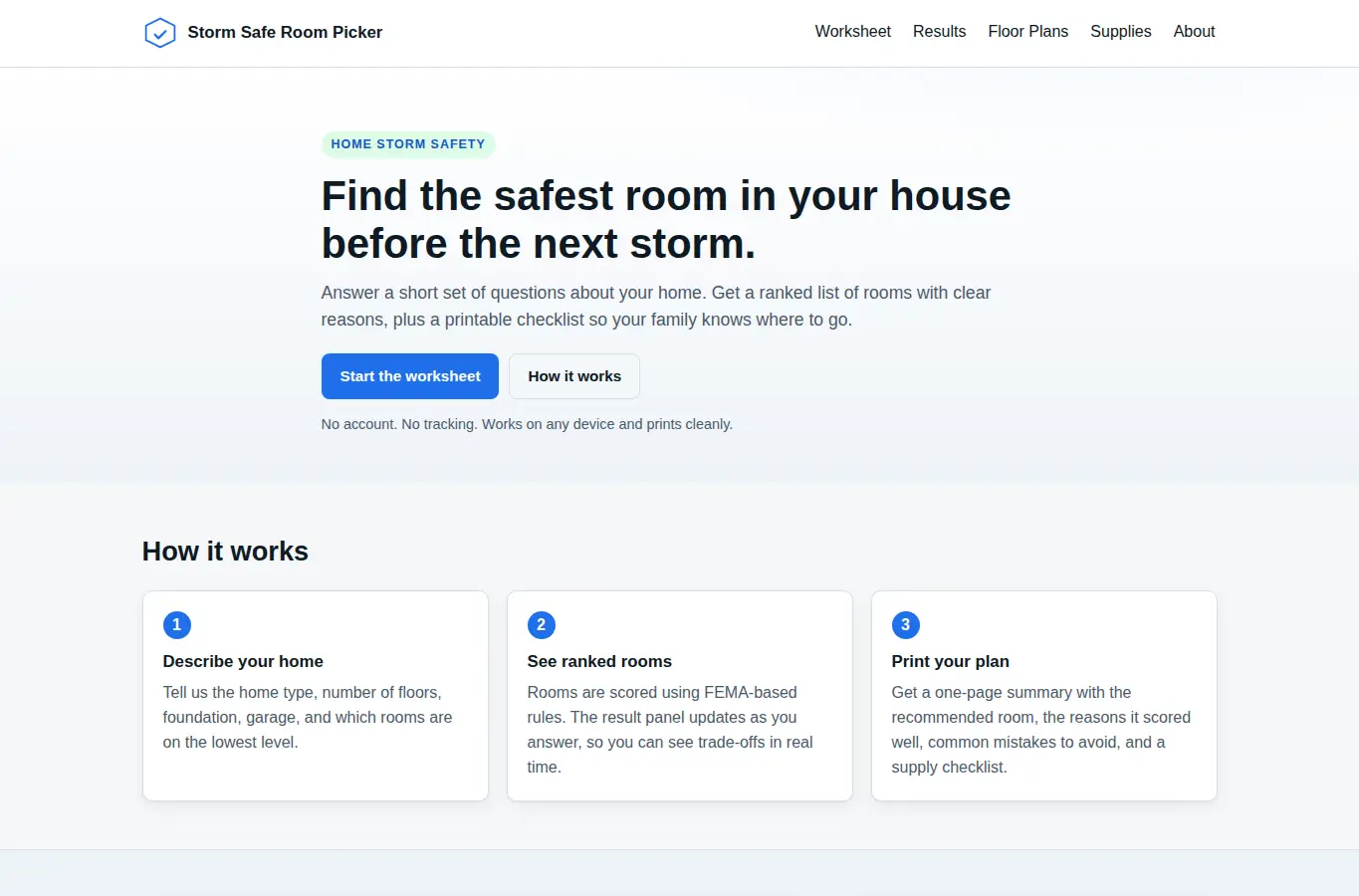Screenshot of Storm Safe Room Picker interface showing the project page in use